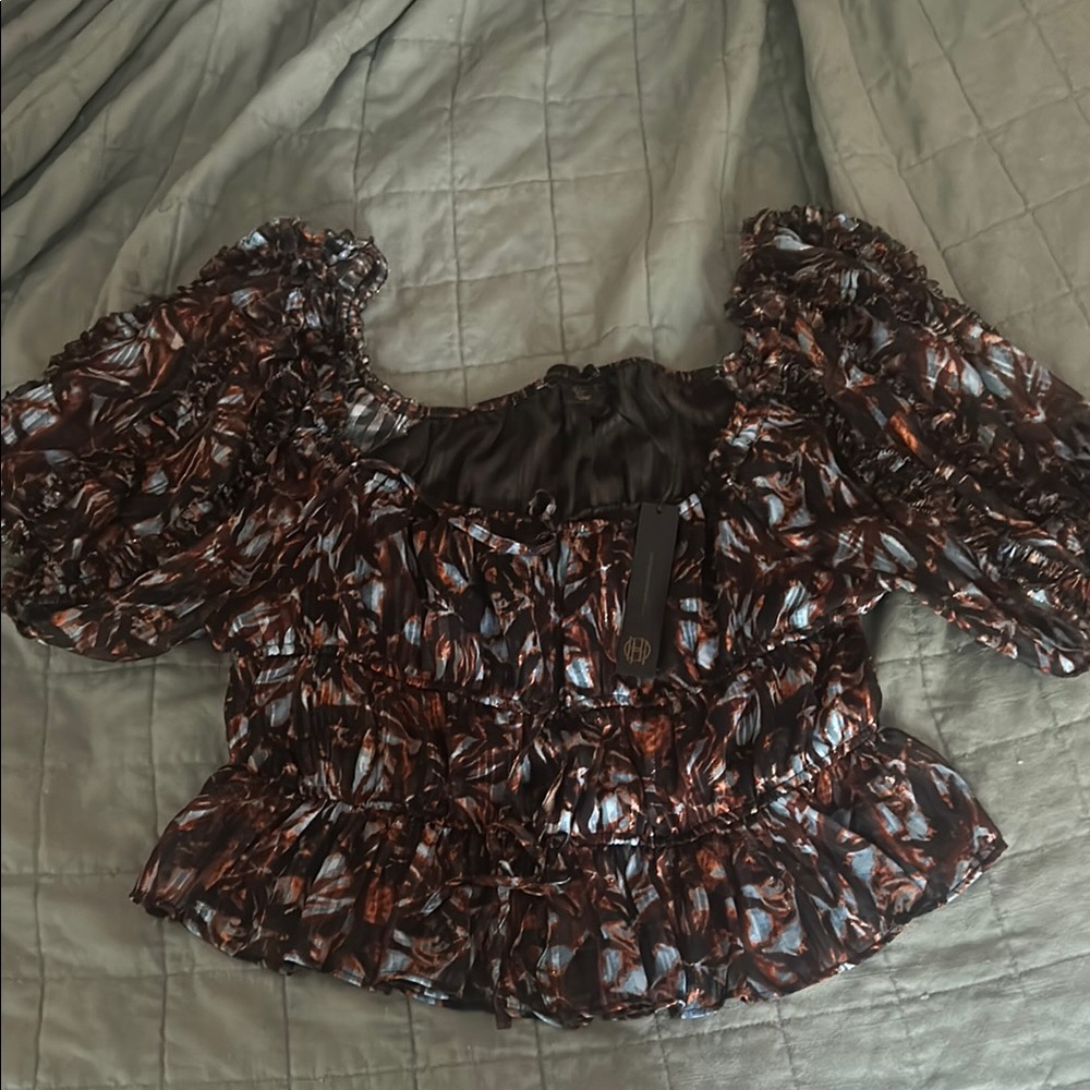 House of Harlow 1960 Brown Ruffled Smocked Blouse